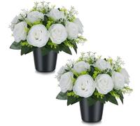 BLOSMON Cimetiere Fleurs Artificielles en Pot, 2 Pcs, Blanche | Rose Fleur Artificielle avec Vase pour Cimetière, Tombe Deco, Exterieur Tombale, Funéraire Decoration