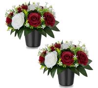 BLOSMON Cimetiere Fleurs Artificielles en Pot, 2 Pcs, Bourgogne Blanc | Rose Fleur Artificielle avec Vase pour Cimetière, Tombe Deco, Exterieur Tombale, Funéraire Decoration