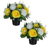 BLOSMON Cimetiere Fleurs Artificielles en Pot, 2 Pcs, Jaune Blanc | Rose Fleur Artificielle avec Vase pour Cimetière, Tombe Deco, Exterieur Tombale, Funéraire Decoration