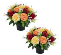 BLOSMON Cimetiere Fleurs Artificielles en Pot, 2 Pcs, Rouge Jaune Orange | Rose Fleur Artificielle avec Vase pour Cimetière, Tombe Deco, Exterieur Tombale, Funéraire Decoration
