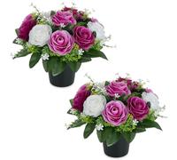 BLOSMON Cimetiere Fleurs Artificielles en Pot: 2 Pcs Violet Lilas Rose Artificielle avec Vase pour Cimetière Tombe Deco - Fleur Artificiel pour Exterieur Tombale Funéraire Decoration