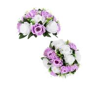 BLOSMON Fleur Mariage Artificielle Decoration Roses 2 PièCes Violet Clair et Blanche Boule de Fleurs Artificielles pour Deco Centre Chemin Table DéCoration Flowers Bouquet avec Base pour Maison Fete