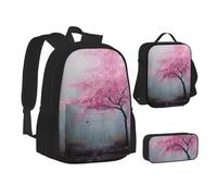 Blossom Rain In Spring Ensemble sac à dos imprimé 3 pièces comprenant un sac à dos, une trousse à crayons et un sac à déjeuner, Noir , Taille unique, Cartable