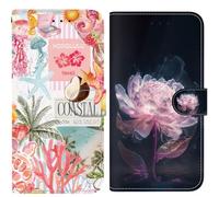 BLOTECH 2* Coque pour Nokia C31 PU Cuir à Rabat Housse Étui Portefeuille Etui Flip Folio Case Cover vec Motif Corail de l’île Rose + Fleurs à Lueur Rose Design Fleur Flip Wallet Cuir Portefeuille