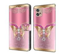 BLOTECH 3D Housse Coque Cuir Motorola Moto G32, 3D Effect Glitter PU Cuir Étui Cover Wallet Case Flip Housse Etui à Rabat Portefeuille Coquille pour Motorola Moto G32,Butterfly with Diamonds