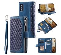 BLOTECH Cartes Poche Zippée Housse pour Samsung Galaxy A51 4G,Bleu Etui de Protection Coque PU Leather Case Housse Stand Cartes Magnétique Flip Cover Lanyard Wristlet Zipper Étui pour Samsung A51 4G
