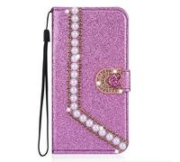 BLOTECH Case pour Samsung Galaxy M36 Housse Case Wallet Etui Bling Diamond Love Button Shiny Crystal Rhinestone Pearls PU Leather Card Slot Pouch Flip Cover Coque for Girl Woman Lady,Purple