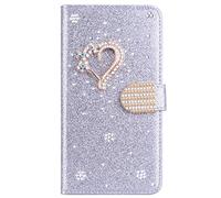 BLOTECH Coque en Cuir Glitter Etui Housse Little Love Design Luxe Bling Glitter Paillettes Diamant Hybrid PU Cuir Housse Etui Fermeture Magnétique pour Carte pour Samsung Galaxy S24 - Argenté