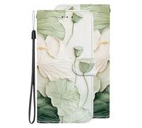 BLOTECH Coque Etui Portefeuille Fleur pour Realme C21 PU Cuir à Rabat Housse avec Green Motif 3D Fleur et Feuille de Lotus Design,avec Porte Cartes, Fonction de Support, Magnétique