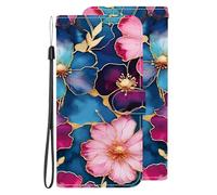 BLOTECH Coque Étui pour Wiko Y82,Housse de Protection Etui à Pochette de Portefeuille for Wiko Y82 Magnétique Boîtier avec Support Fleurs Bleues et Roses aux Bords dorés