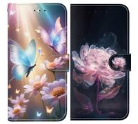 BLOTECH Coque pour Oppo A59 5G Housse de Protection PU Cuir Portefeuille avec Porte Carte Flip Cover Fleurs de Cerisier et Papillons Housse pour Oppo A59 5G Fleurs et Papillons Brillants de Nuit