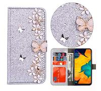 BLOTECH Coque Scintillantes pour Moto Edge 70 Fusion 5G Briller Argenté Housse [Magnetic Closure] Étui en Cuir PU à Rabat avec Portefeuille Brillant 3D Papillon et Fleur Diamant Motif