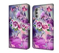 BLOTECH Cuir PU Folio Etui pour Motorola Moto G51 Coque 3D PU Cuir Flip Housse Étui Cover Wallet Case Portefeuille Étui en Cuir Cover Flip Shell Housse pour Motorola Moto G51,Butterflies Love Flowers