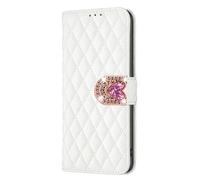 BLOTECH Etui Housse Compatible avec Xiaomi Poco M7 4G Coque en Cuir, Coque en Cuir Etui Pochette Glitter Bling Paillettes Amour Boucle Pochette Motif en Losange PU Leather Housse Case - Blanc