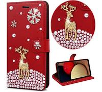 BLOTECH Glitter 3D Perles Sparkle Case pour Honor 70 Lite/Honor X8 5G/Honor X6 Coque Rouge de Noël Strass Housse Wapiti Pochette en Cuir Back Etui Folio Couverture Protecteur Coquille