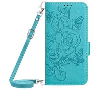 BLOTECH Housse en Cuir PU Étui à Rabat pour Honor X6B 4G Étuis Cuir à Rabat Folio Protection PU Portefeuille pour Filles Femme [Stand Feature][Gaufrage Roses et Papillons] Blue