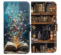 BLOTECH Lot de 2 Coque pour Motorola E7i Power PU Cuir Portefeuille Housse Magnétique Flip Pochette Étui à Rabat Case avec Antichoc TPU Housse Chat Noir sur l'étagère + Papillon de Livre