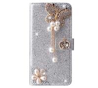 BLOTECH Strass Coque Étui en PU Cuir à Rabat pour Moto G67 Power 5G Argent Motif Papillons Wallet Housse Inner Soft TPU Case with [Card Slots] [Fermoir magnétique] Stand Strass Housse