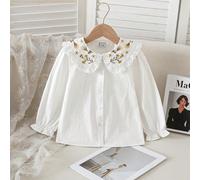 Blouse à col claudine Peter Pan avec manches à volants et broderie florale pour jeune fille 6Y,7Y,8Y,4Y,5Y,2-3YPlantesBroderie