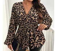 Blouse à encolure en V à manches longues avec ceinture imprimée léopard et volant, pour grandes tailles 0XL,1XL,2XL,3XL,4XLImprimé léopard,Tout Imprimé,Motif texturéTissu tricoté