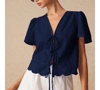 Blouse à manches bouffantes bleu marine avec œillets et nœud devant pour femmes, élégante chic parisienne, ourlet festonné, top unicolore mignon pour pique-nique d'été, vacances, mode française L,M,S,