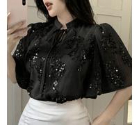 Blouse à manches courtes avec col cravate pailletée de couleur unie pour femmes L,M,S,XL,XS,XXL,XXS,XXXL,XXXXLImprimés aléatoiresSequins