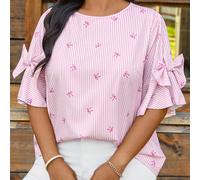 Blouse à manches courtes col rond imprimée de nœuds et de rayures roses, ample et douce, hauts d'été mignons, style européen, concert country, club, blouses élégantes, port quotidien décontracté, pour