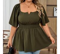 Blouse à manches courtes, taille cintrée, ourlet à volants, couleur unie, pour femmes grandes tailles. Convient pour le carnaval, la Saint-Valentin, l'été. Disponible en vert foncé, vert armée, col ca