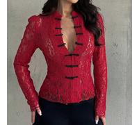 Blouse à manches longues avec boutons à la taille en dentelle noire, style rétro de palais, nouvelle chemise de style chinois, blouse à manches longues en dentelle blanche, top en dentelle semi-transp