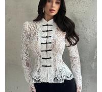 Blouse à manches longues avec boutons noirs à la taille et dentelle blanche, style rétro de palais, nouvelle chemise de style chinois, blouse à manches longues en dentelle blanche, top en dentelle sem
