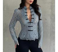 Blouse à manches longues avec boutons noirs à la taille et dentelle blanche, style rétro de palais, nouvelle chemise de style chinois, blouse à manches longues en dentelle blanche, Top en dentelle sem