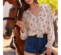 Blouse à manches longues avec imprimé cheval au galop, col V à volants et nœud devant. Top mignon d'automne pour femmes, idéal pour un concert country L,M,S,XL,XSImprimés aléatoiresTissu tissé
