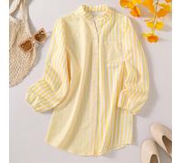 Blouse à manches longues avec poche, col boutonné, à imprimé rayures verticales pour jeune fille. Décontractée pour l'automne, les vacances, les jours fériés, l'été et les voyages 8Y,9Y,10Y,11Y,12YGéo