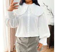 Blouse à manches longues, col claudine, boutonnée devant, couleur unie blanche, pour femmes grandes tailles. Décontractée, pour tous les jours, rentrée des classes, Saint-Valentin, Nouvel An, aéroport