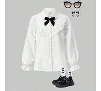 Blouse à manches longues pour préadolescentes avec col Peter Pan, nœud décoratif et volants, costumes pour la semaine du livre pour préadolescentes 8Y,9Y,10Y,11Y,12YPolyester