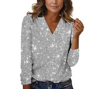 Blouse à paillettes pour femmes avec col en V et manches longues - Chemisier élégant pour sortir le soir - Robe de soirée glamour uni - Top de fête élégant, M