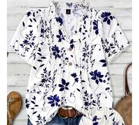 Blouse à volants à col en V pour femmes grandes tailles avec motif végétal, manches courtes. Idées de tenues d'été pour femmes, tenues de printemps pour femmes, tenues d'été pour femmes, style preppy 