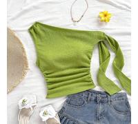 Blouse ajustée à bretelles asymétriques et fluide, couleur jaune clair, convient pour les fêtes, les vacances, les festivals de musique, le style boho, les jours fériés, le thé de l'après-midi, le cro