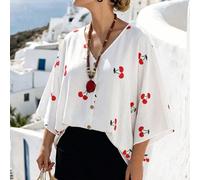 Blouse ample à col V, manches évasées, avec boutons décoratifs, imprimé cerises, pour femmes grandes tailles. Printemps/Été/Automne 0XL,1XL,2XL,3XL,4XLFruits & légumesTissu tissé