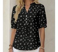 Blouse ample à encolure échancrée, manches trois-quarts, style floral noir pastoral minimaliste décontracté pour femmes - Top d'été mignon, style élégant et polyvalent pour les vacances de printemps/é