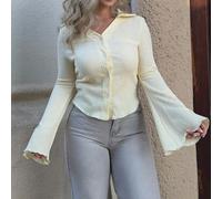 Blouse ample à manches évasées, couleur unie et boutonnage simple, pour femmes, adaptée aux printemps, étés et automnes L,M,S,XSUnicoloreTissu tissé
