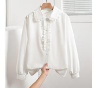 Blouse ample à manches longues et col claudine blanc, style preppy polyvalent et doux avec un ourlet à volants français unique. Vêtements d'automne/hiver pour la rentrée scolaire 14Y,13Y,16Y,15YUnicol