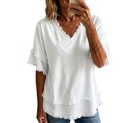 Blouse Ample Femme en Mélange Coton Lin Manches Courtes Motifs Floraux Col V Décontracté Style Mignon Grandes Tailles Adaptée À Moments Quotidiens(White, XXXL)