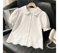 Blouse blanche à col Claudine pour filles, col Claudine arrondi pour un look mignon et jeune, manches bouffantes avec poignets à volants, doux et enjoué. Ourlet en dentelle ajourée pour un toucher dél