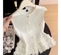 Blouse blanche décontractée, élégante et polyvalente pour femmes, avec encolure ronde, boutons façon œil de chat, sans manches, décoration florale 3D, coupe droite et ajustée, ourlet court et ouvert s