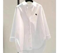 Blouse blanche élégante grande taille, design à manches longues et épaules tombantes, longueur régulière, décorée de broderies délicates et d'un col de chemise classique, printemps 1XL,2XL,3XL,4XLAnim