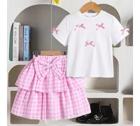 Blouse blanche pour préadolescentes avec accent nœud, associée à une jupe à 2 étages, convient pour le port quotidien ou les jours fériés 8Y,9Y,10Y,11Y,12YGéométrique,Motif texturéPolyester