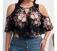 Blouse bohème d'été noire à imprimé floral romantique, avec épaules découvertes et découpe devant, grande taille 0XL,1XL,2XL,3XL,4XL,5XLFloral,Tout ImpriméTissu tissé