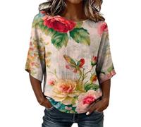 Blouse Brodée de Fleurs Col Rond Manches Trois-Quarts Aile de Chauve-Souris en Tissu Tissé Doux Coupe Spacieuse, Tenue Confortable adaptée à Vos Multiples activités habituelles(1G-Pink, S)