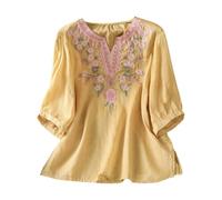 Blouse Brodée Femme en Lin Et Coton Style Ethnique Bohème Manches Trois Quarts Col V Coupe Longue Confortable Aux Allures Paysannes Et Originales(Yellow, M)